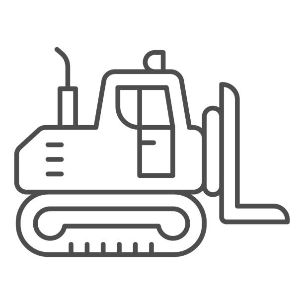 ilustraciones, imágenes clip art, dibujos animados e iconos de stock de icono de línea delgada cargador de orugas industrial, concepto de equipo pesado, cartel del tractor crawler dozer sobre fondo blanco, icono del cargador en estilo de esquema para el concepto móvil y el diseño web. gráficos vectoriales. - bulldozer dozer construction equipment construction machinery