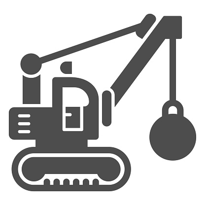 Excavator with ball to destroy buildings solid icon, heavy equipment concept, crane with wrecking ball sign on white background, Wrecker excavator icon in glyph style. Vector graphics