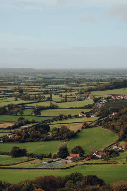 Scenic view from Mendip Hills, UK, on a sunny autumn day.