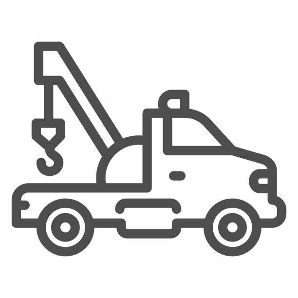 ilustraciones, imágenes clip art, dibujos animados e iconos de stock de camión de remolque con icono de línea de grúa, concepto de equipo pesado, señal de coche de remolque en fondo blanco, icono de camión de remolque de coche en estilo de contorno para el concepto móvil y el diseño web. gráficos vectoriales. - car police car emergency services vehicle crane