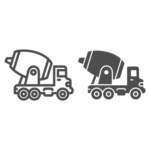 бетонная линия смешивания грузовика и твердый значок, концепция тяжелого оборудования, знак строительной машины на белом фоне, значок бето - concrete stock illustrations