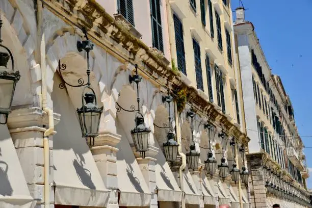 Running parallel to the western edge of Spianada Square is the Liston, a long building with an exquisite colonnade and a row of these overhead street lamps