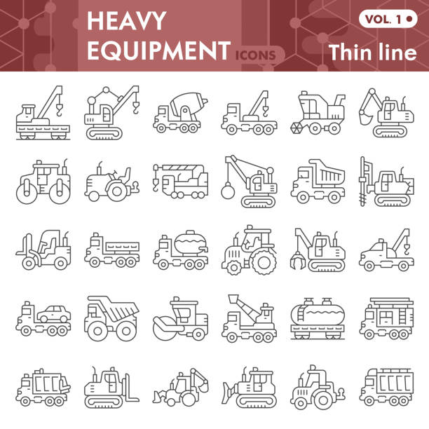 schwere ausrüstung dünne linie symbol-set, spezielle maschinen symbole sammlung oder skizzen. trucks linearen stil zeichen für web und app. vektorgrafiken, die auf weißem hintergrund isoliert sind. - earth mover bulldozer construction scoop stock-grafiken, -clipart, -cartoons und -symbole