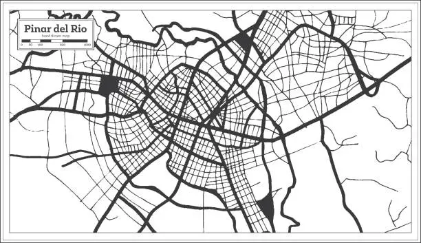 Vector illustration of Pinar del Rio Cuba City Map in Black and White Color in Retro Style. Outline Map.