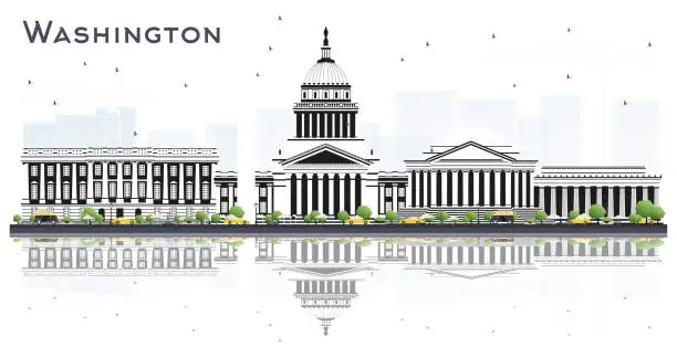 Vector illustration of Washington DC USA City Skyline with Gray Buildings and Reflections Isolated on White.