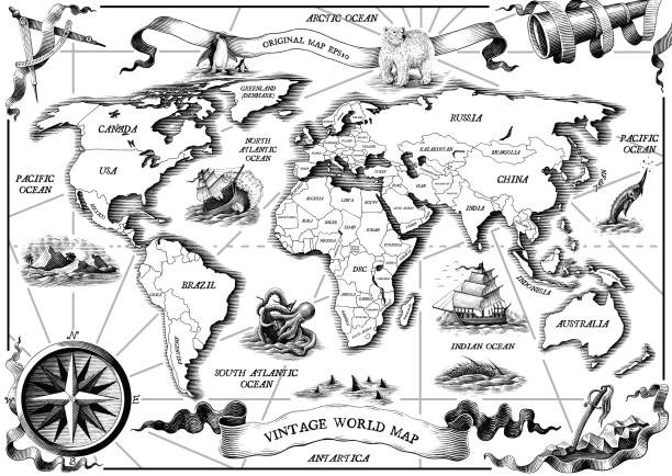 ilustrações de stock, clip art, desenhos animados e ícones de vintage old world map hand draw engraving style black and white clip art isolated on white background - map world map old cartography