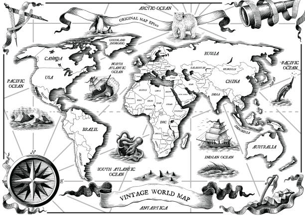 Vintage old world map hand draw engraving style black and white clip art isolated on white background Vintage old world map hand draw engraving style black and white clip art isolated on white background africa antique old fashioned engraving stock illustrations