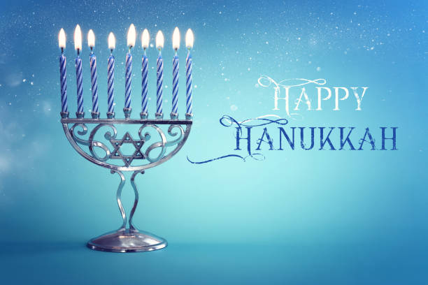 religion image of jewish holiday hanukkah background with menorah (traditional candelabra) and candles - hanukkah menorah candle blue imagens e fotografias de stock