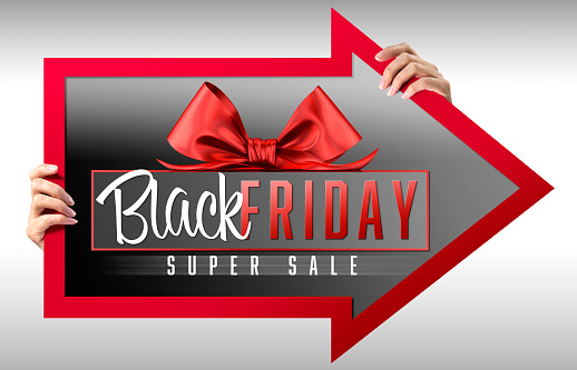 Black friday sale inscription background. Woman holding a sale poster. Sale tag on the white background. 3d Render.