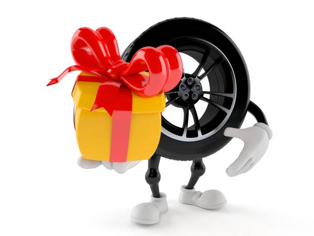 istock Car wheel character holding gift 1283807112