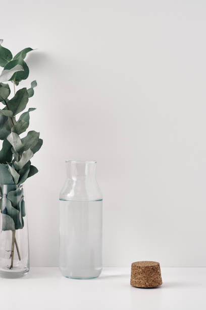istock Two transparent vases, a eucalyptus branch, and a cork stopper on a white background. Copy space, mock up, top view. 1283808064