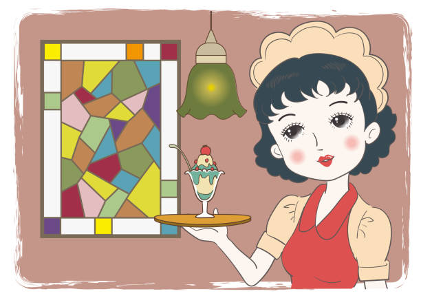 ilustrações de stock, clip art, desenhos animados e ícones de waitress carrying a parfait in a retro cafe - stained glass window background - parfait glass
