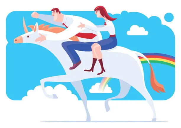 Vector illustration of business couple riding unicorn