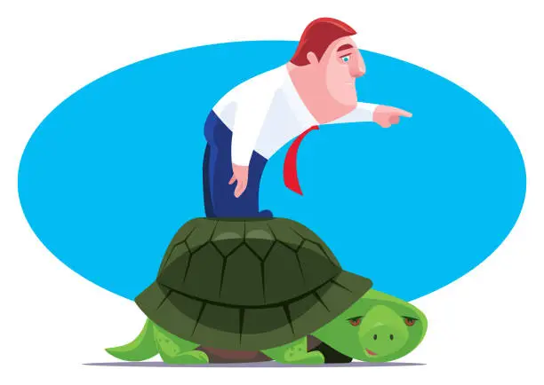 Vector illustration of businessman guiding tortoise