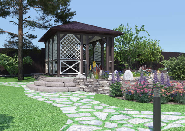 istock Garden design. Gazebo surrounded by plants near the pond. Garden plot. 3d rendering. 1283811974