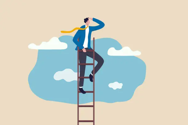 Vector illustration of Ladder of success, vision to lead business to achieve goal or opportunity in career concept, smart confident businessman leader climb up to reach top of ladder high in the sky look forward to future.