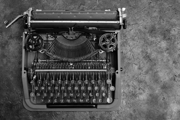 old, vintage, typewriter in black and white image. the view from the top. - typewriter typebar ampersand retro revival imagens e fotografias de stock