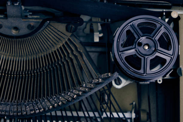 mechanism and keyboard of an old typewriter with a film coil. - typewriter typebar ampersand retro revival imagens e fotografias de stock