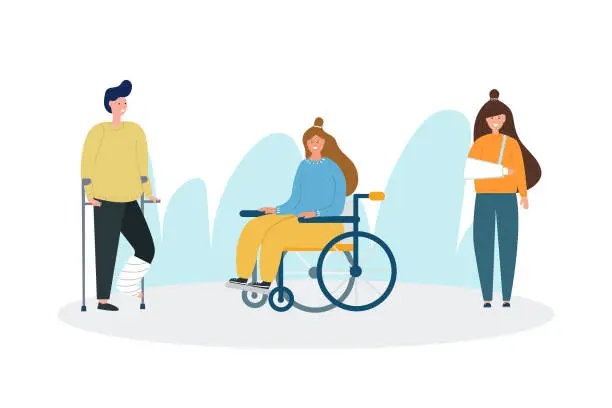 Vector illustration of Set of images of man with cast on his leg, girl in wheelchair, woman with broken arm. Flat illustration.