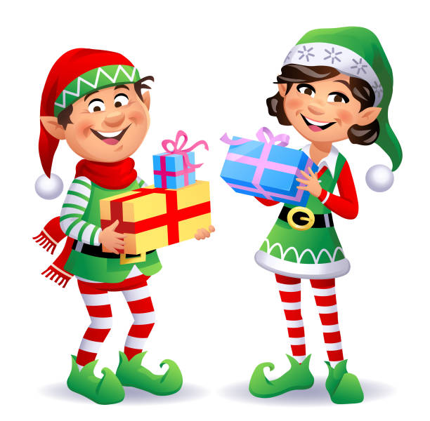 Cute Christmas Elves With Presents Vector illustration of two cute Christmas elves, a boy and a girl, wearing santa hats and pantyhoses, carrying Christmas presents. elf stock illustrations