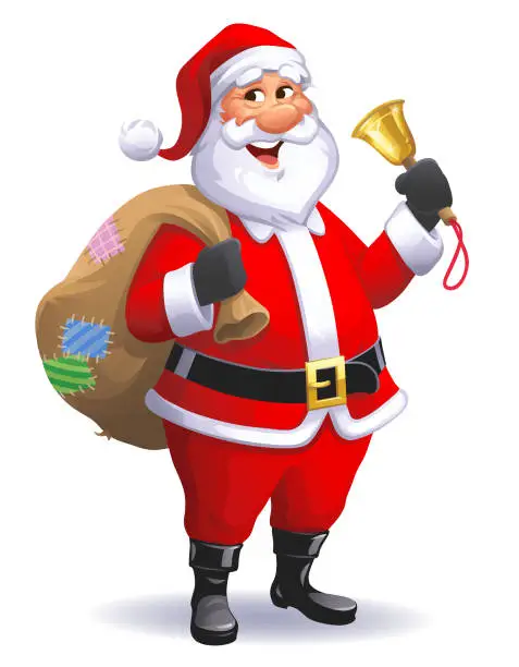 Vector illustration of Santa Claus With Bag Ringing Christmas Bell