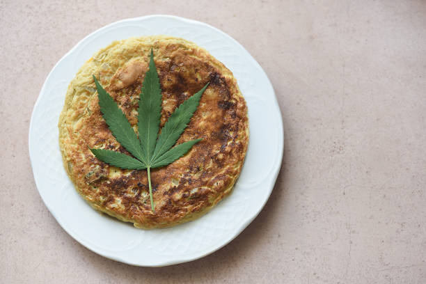 istock Spanish tortilla plate with CBD leaf, food concept with therapeutic properties 1283818587