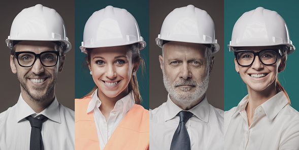 Confident workers wearing safety helmets and smiling at camera, photo collage