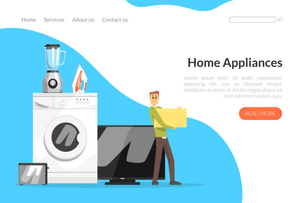 Happy Man Character Purchasing at Household Devices Department Store Vector Landing Page Design Happy Man Character Purchasing at Household Devices Department Store Vector Landing Page Design. Clearance Sale with Deep Discounts in Home Appliances Shop deep pick stock illustrations