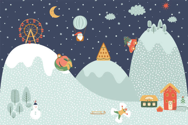 Winter outdoor activities. Christmas landscape Snowy city background. People having fun. Country winter scene Country winter scene. Winter town. Winter outdoor activities. Cute Christmas landscape. Snowy city background. People walking, having fun. Forest mountains landscape. Cartoon vector illustration. snow angels stock illustrations
