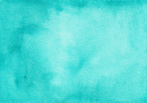 Watercolor deep turquoise blue gradient background texture. Stains on paper