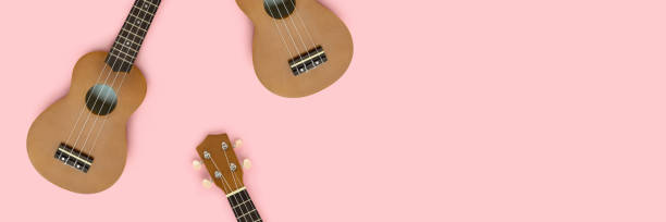 istock Banner with frame made of ukulele on a pink pastel background. 1283824943