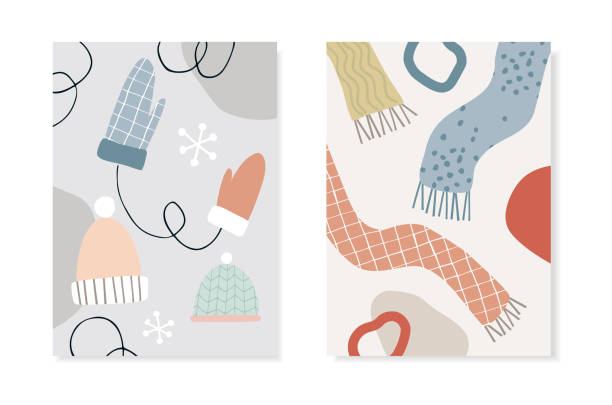 クリスマススカンジナビアのグリーティングカード、招待状のセット。ニットスカーフ、キャップ、手袋。雪片を持つ抽象的な幾何学的形状。スカンジナビアのフラットデザイン。冬休みと� - glove nobody colors wool点のイラスト素材／クリップアート素材／マンガ素材／アイコン素材