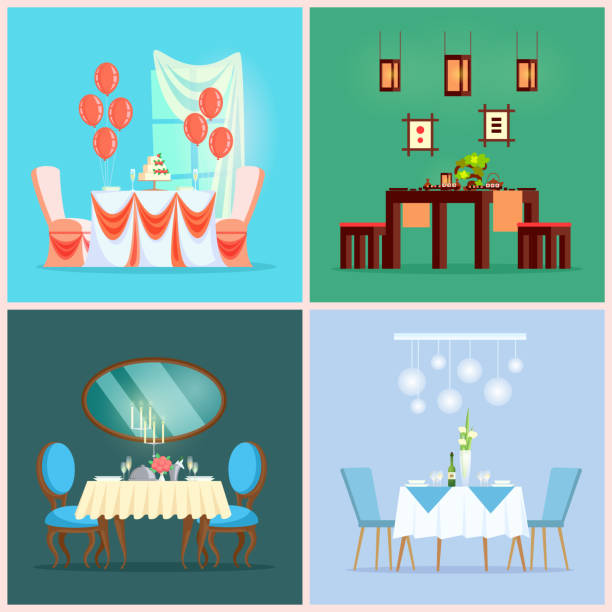 Chinese and European Restaurant Tables, Interior Chinese and European restaurant tables, wedding setting vector. Romantic dinner or dining room furniture, tablecloth and chairs, cake and drink, balloons banquet chairs stock illustrations