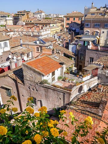 The rooftops of the iconic roman Pantheon quarter, in the heart of Rome, near the House of Representatives in the Montecitorio Palace. Image in High Definition Format.