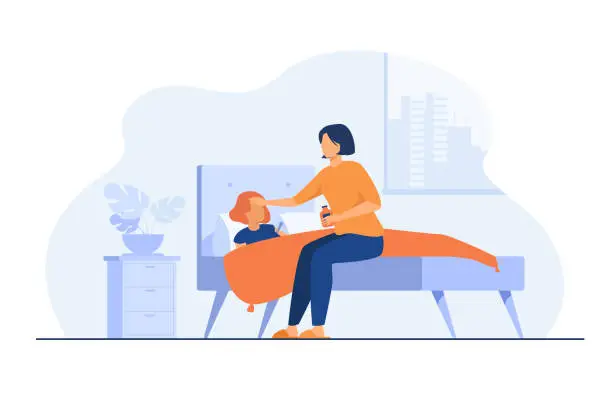 Vector illustration of Mom taking care about sick child