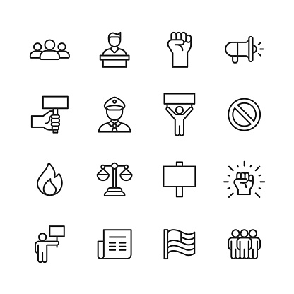 16 Protest Outline Icons. Crowd, Speech, Justice, Shouting, Power, Fist, Human Hand, Megaphone, Banner, Police, Law Enforcement, Warning Sign, Stop Sign, Fire, Law, Newspaper, Flag, People, Youth, Mask, Handcuffs, Pepper Spray, Gun, Violence, Location, Politics, Social Justice, Social Movement, Equality, Diversity, Government, Support, Freedom.