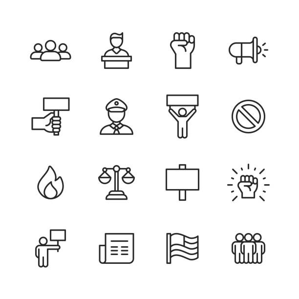 Protest Line Icons. Editable Stroke. Pixel Perfect. For Mobile and Web. Contains such icons as Crowd, Speech, Justice, Fist, Banner, Police, Law, Flag, Gun, Violence, Location, Politics, Social Justice, Equality, Diversity, Government, Freedom. 16 Protest Outline Icons. Crowd, Speech, Justice, Shouting, Power, Fist, Human Hand, Megaphone, Banner, Police, Law Enforcement, Warning Sign, Stop Sign, Fire, Law, Newspaper, Flag, People, Youth, Mask, Handcuffs, Pepper Spray, Gun, Violence, Location, Politics, Social Justice, Social Movement, Equality, Diversity, Government, Support, Freedom. striker stock illustrations