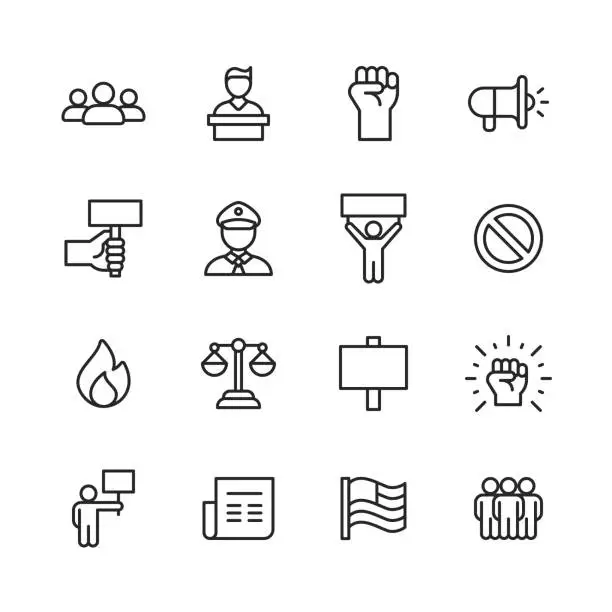 Vector illustration of Protest Line Icons. Editable Stroke. Pixel Perfect. For Mobile and Web. Contains such icons as Crowd, Speech, Justice, Fist, Banner, Police, Law, Flag, Gun, Violence, Location, Politics, Social Justice, Equality, Diversity, Government, Freedom.