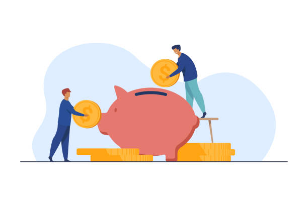 Two investors putting coins in piggybank Two investors putting coins in piggybank. Bank, money, income flat vector illustration. Finance and investment concept for banner, website design or landing web page landing touching down stock illustrations