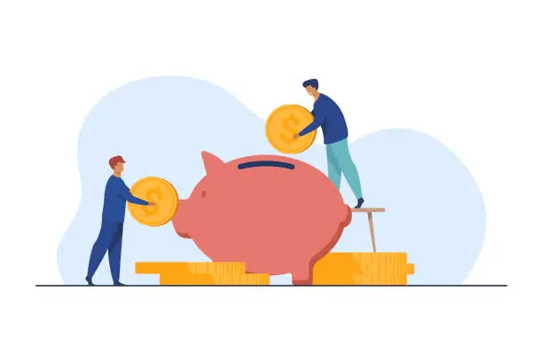 Vector illustration of Two investors putting coins in piggybank