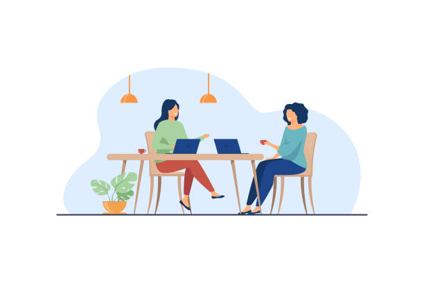 ilustraciones, imágenes clip art, dibujos animados e iconos de stock de dos mujeres sentadas en el café con computadoras portátiles - talking chair two people sitting