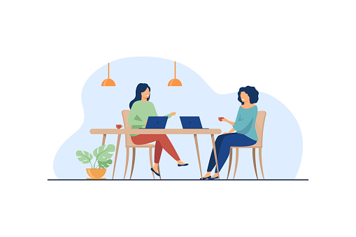 Two women sitting in cafe with laptops. Drink, computer, work flat vector illustration. Meeting and coffee break concept for banner, website design or landing web page