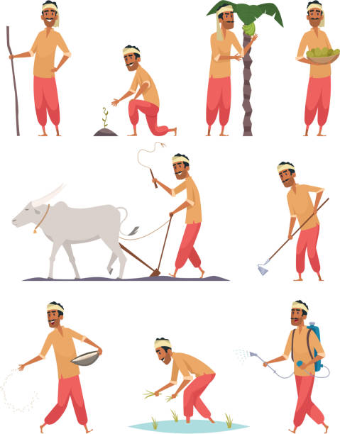 인도 수확기. 방글라데시 버팔로 지상 수확 작업 벡터 사람에 농부 인간 - agriculture farm people plow stock illustrations