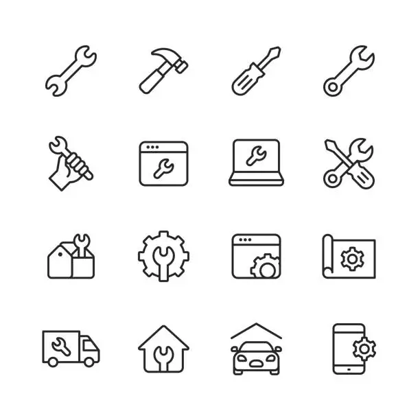 Vector illustration of Repair Line Icons. Editable Stroke. Pixel Perfect. For Mobile and Web. Contains such icons as Wrench, Screwdriver, Repairing, Work Tools, Service, Workshop, Gear, Engineering, Maintenance, Garage, Construction, Mechanic, Renovation, Engine, Inspection.