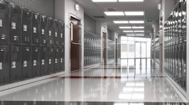 istock Long school corridor with black lockers , 3d illustration 1283836596