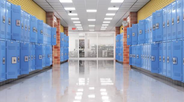 istock Long school corridor with blue lockers , 3d illustration 1283836628