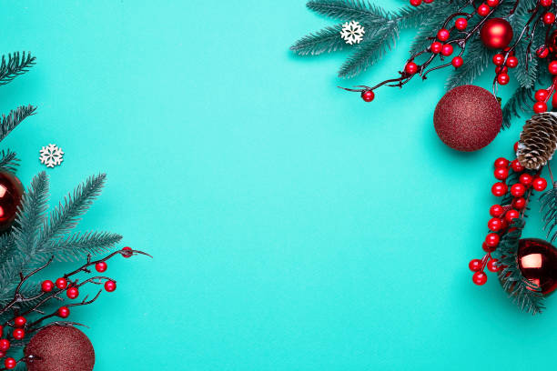 istock Christmas decorations on the blue background with copy space for your text. 1283838209