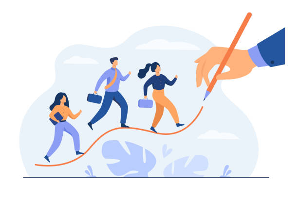 Business people walking up on increase chart line Business people walking up on increase chart line. Huge hand drawing growth diagram. Vector illustration for sales people, leadership, career, success concept professional runner stock illustrations