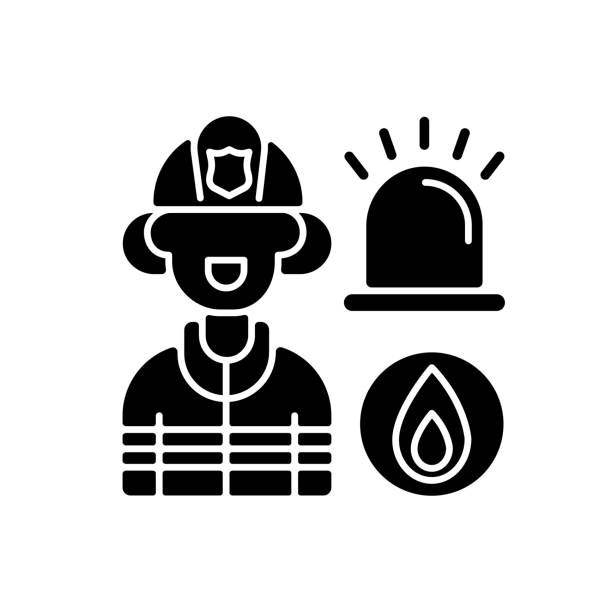 Firefighters black glyph icon Firefighters black glyph icon. First responders. Fire-related call. Fire department. Fireman, firewoman. Emergency response. Silhouette symbol on white space. Vector isolated illustration silhouette of firefighter logo stock illustrations