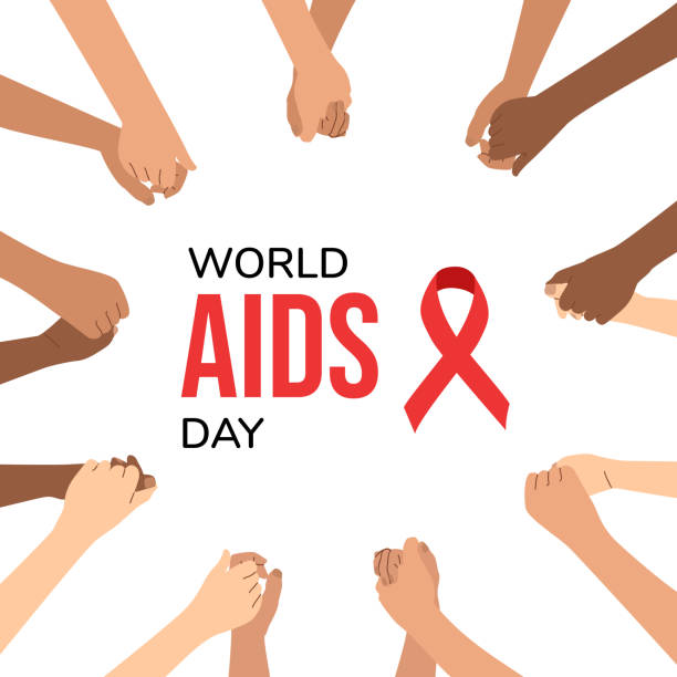 światowy dzień walki z aids. ręce różnych narodowości trzymają się nawzajem. koncepcja projektowania plakatów, banerów, koszulek, ikon świadomości aids. izolowana ilustracja wektorowa. - world aids day stock illustrations